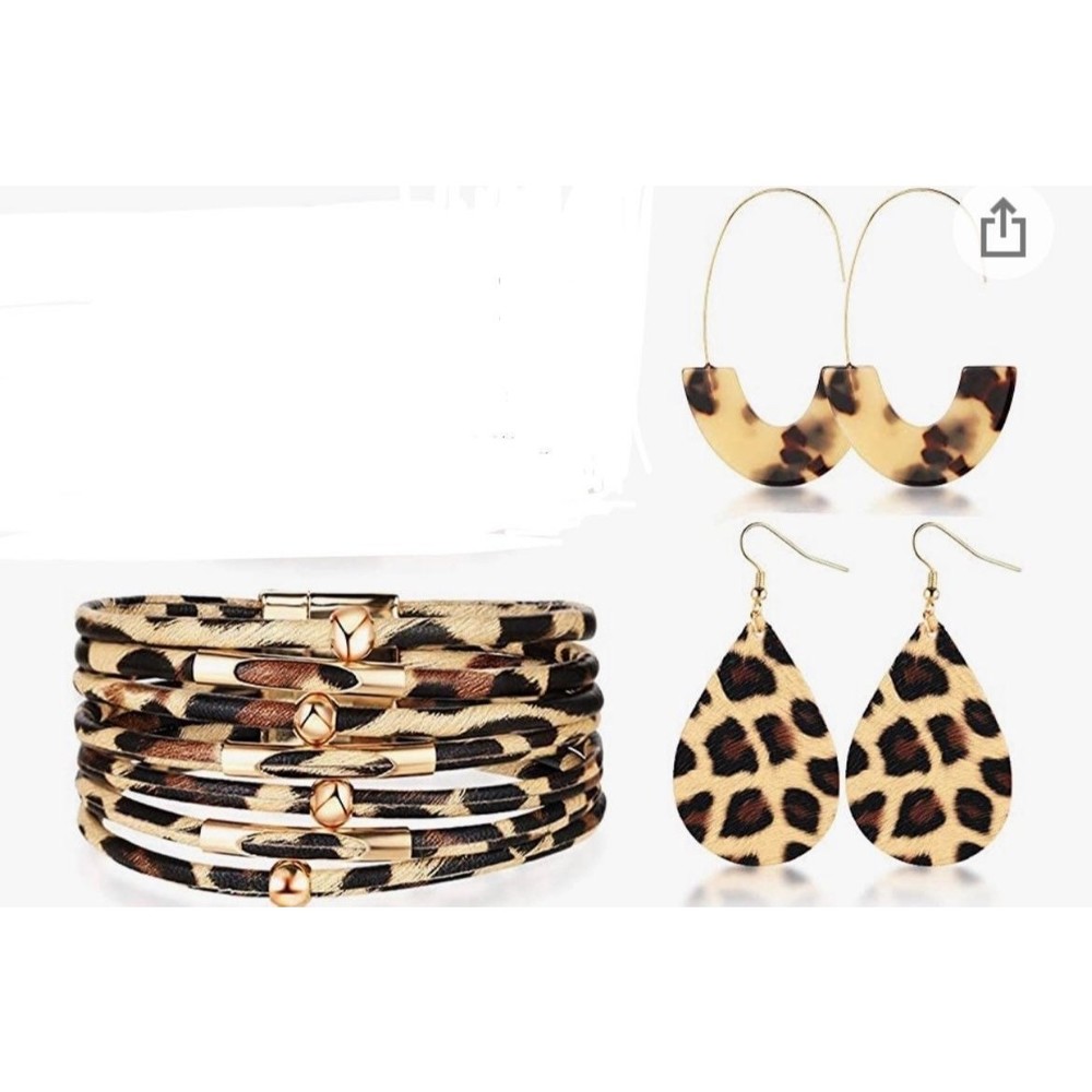 3 piece leopard print bracelet and earrings set